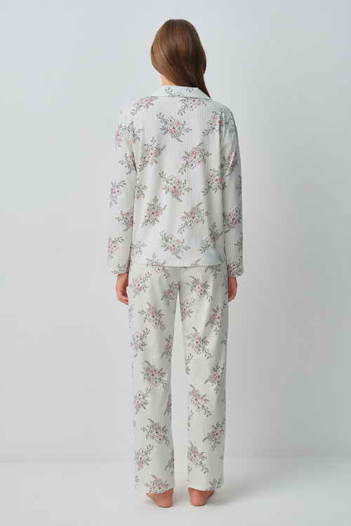 Ekru Çizgili Luda Pamuklu Gömlek Yaka Pijama Takımı