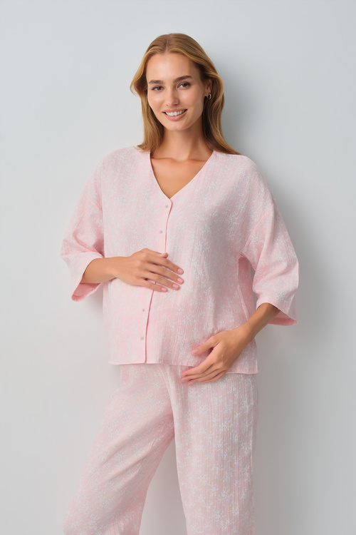 Pembe Cindy Pamuklu Hamile Lohusa Gömlek Yaka Pijama Takımı