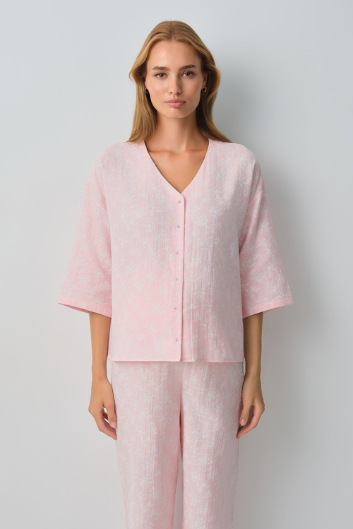 Pembe Cindy Pamuklu Hamile Lohusa Gömlek Yaka Pijama Takımı