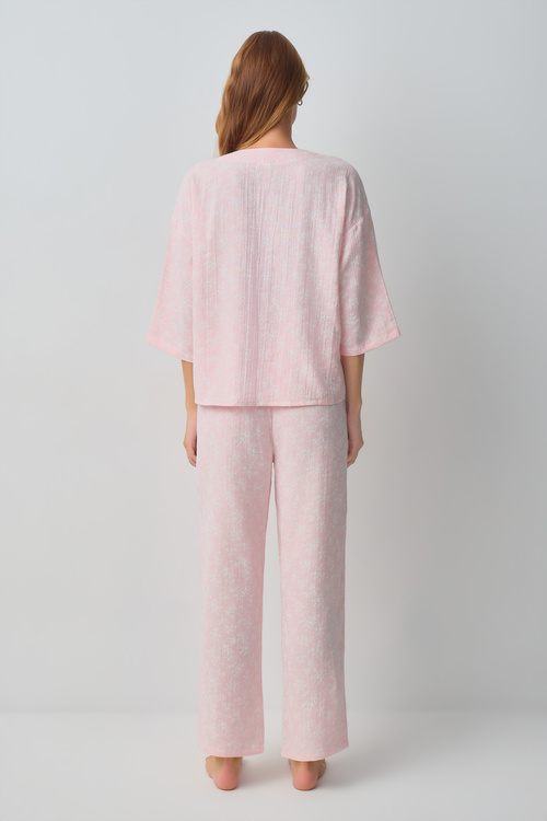 Pembe Cindy Pamuklu Hamile Lohusa Gömlek Yaka Pijama Takımı