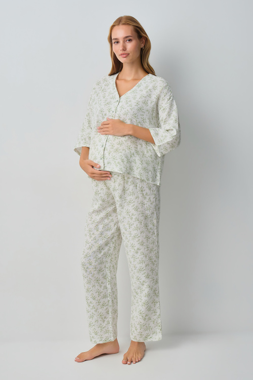 Ekru Desenli Cindy Pamuklu Hamile Lohusa Gömlek Yaka Pijama Takımı