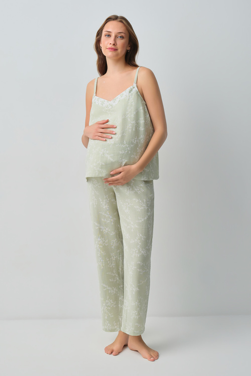 Yeşil Desenli Cindy Pamuklı Hamile Lohusa Pijama Takımı