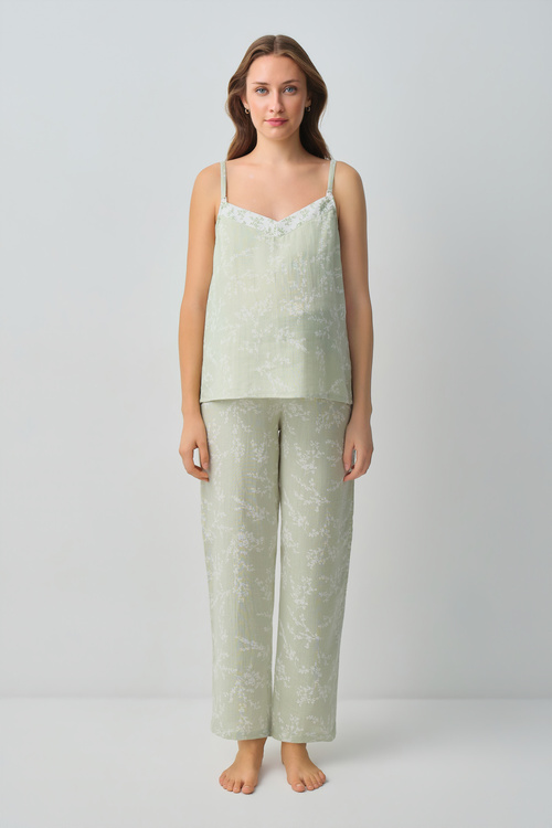 Yeşil Desenli Cindy Pamuklı Hamile Lohusa Pijama Takımı