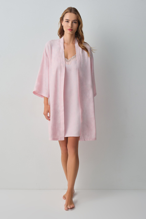 Pembe Floral Dantelli Kısa Sabahlık