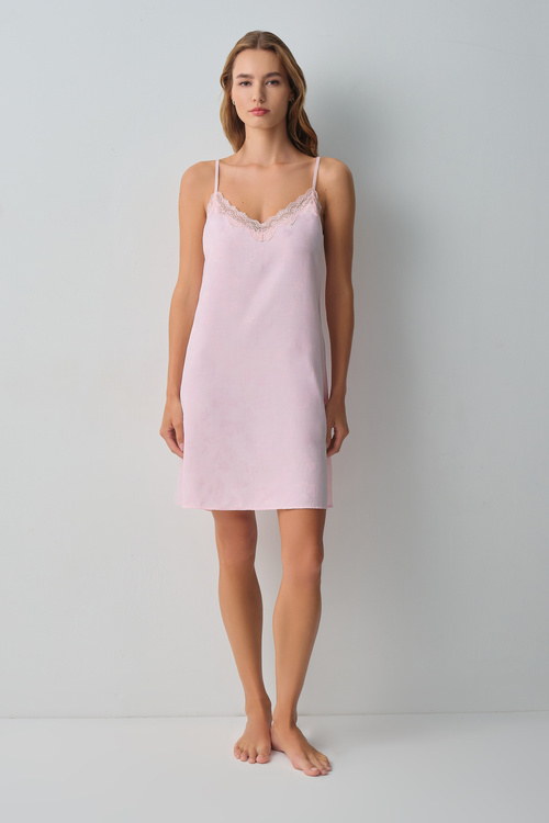 Pembe Floral Dantelli Kısa Gecelik