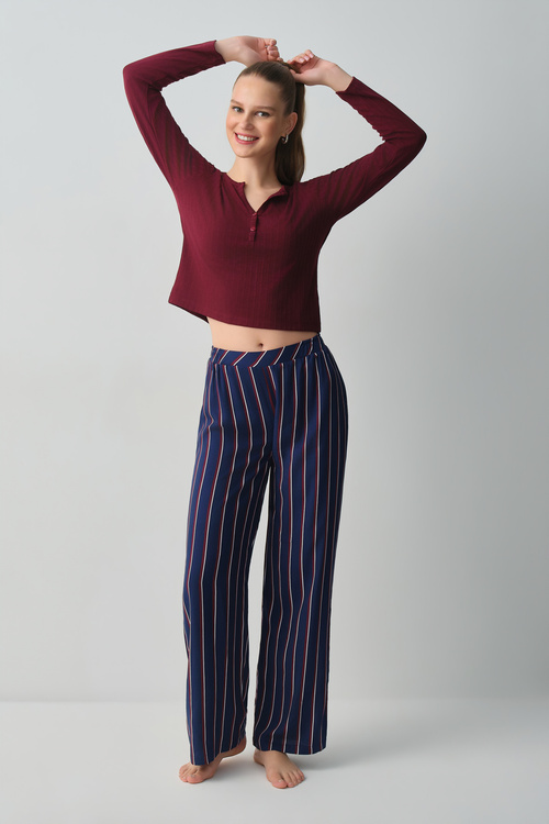 Bordo New Chapter Back to College Campus Uzun Kollu Pijama Üstü