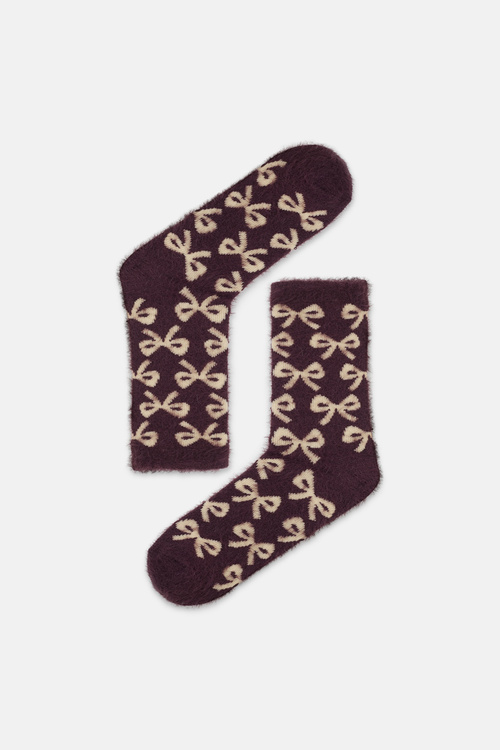 Mürdüm Fluffy Ribbon Soket Çorap