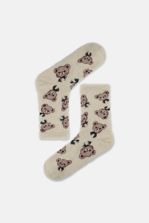 Ekru Fluffy BowBow Soket Çorap