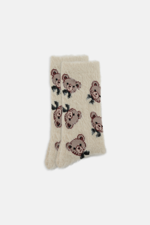 Ekru Fluffy BowBow Soket Çorap