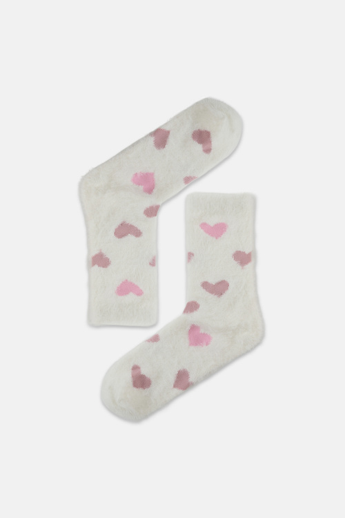 Ekru Fluffy Hearts Soket Çorap