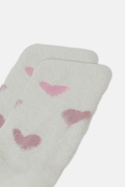 Ekru Fluffy Hearts Soket Çorap