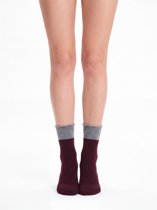 Gri / Bordo 2'li Colorblock Soket Çorap