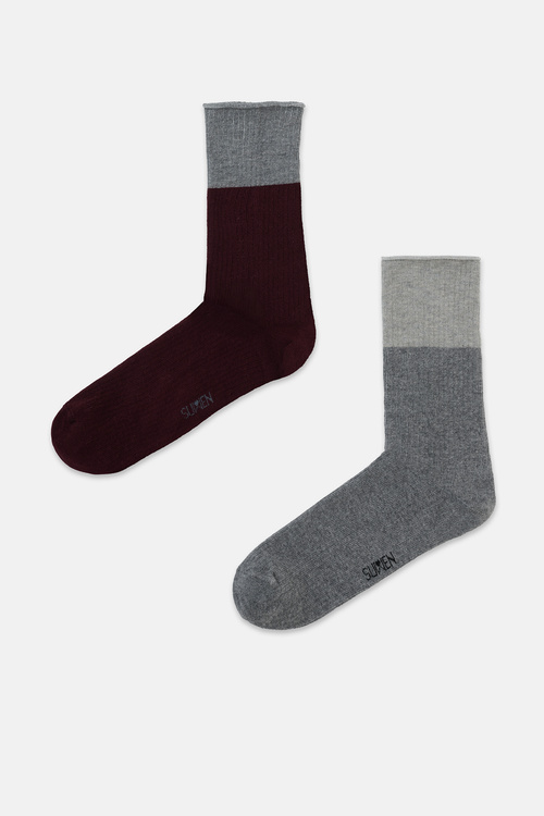 Gri / Bordo 2'li Colorblock Soket Çorap