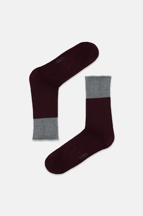 Gri / Bordo 2'li Colorblock Soket Çorap