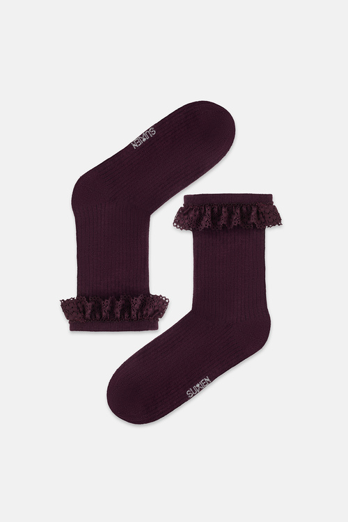 Bordo Dantel Detaylı Soket Çorap