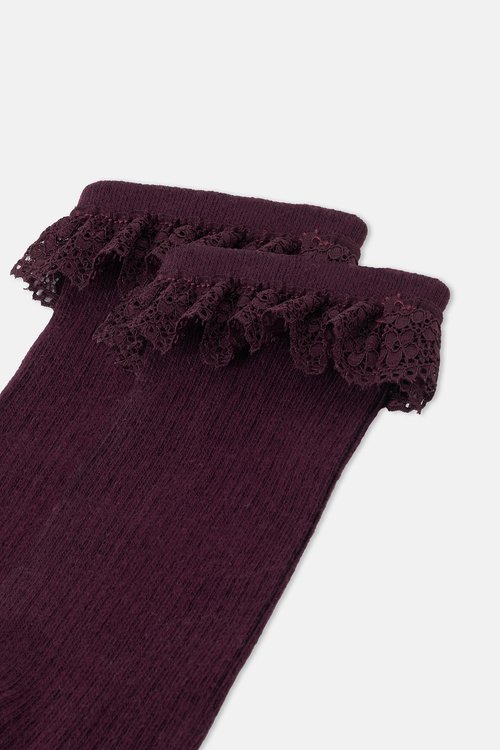 Bordo Dantel Detaylı Soket Çorap
