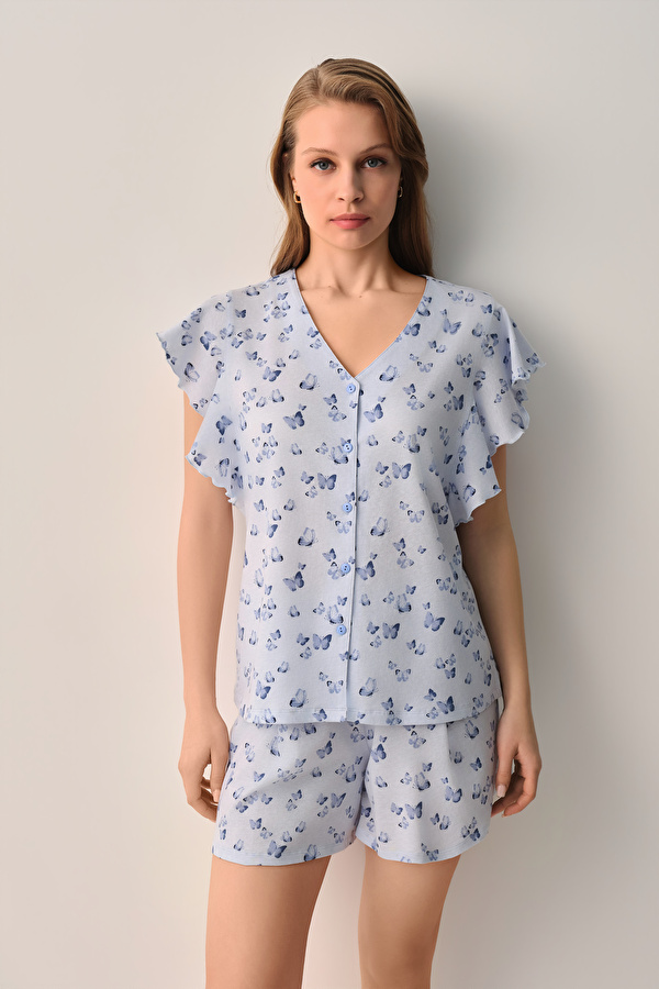 Mavi Desenli Betty Gömlek Yaka Şort Pijama Takımı