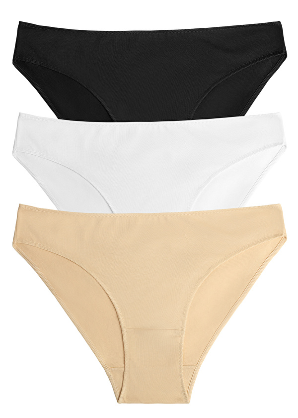 Siyah / Beyaz / Ten Rengi 3'lü Pamuklu Basic Normal Bel Slip Külot - Suwen 3 Al 2 Öde