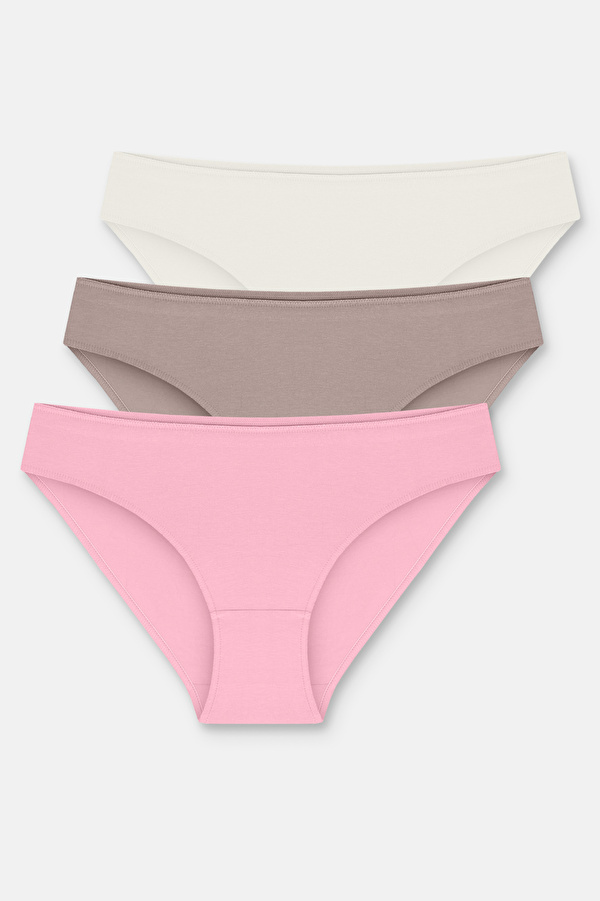 Ekru / Vizon / Pembe 3'lü Pamuklu Basic Normal Bel Slip Külot - Suwen 3 Al 2 Öde