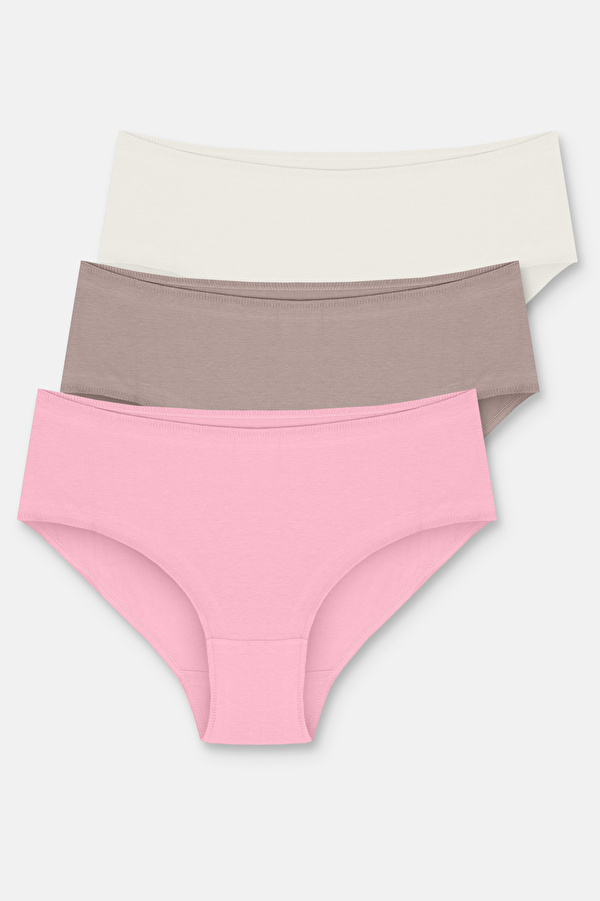 Ekru / Vizon / Pembe 3'lü Pamuklu Basic Yüksek Bel Slip Külot - Suwen 3 Al 2 Öde