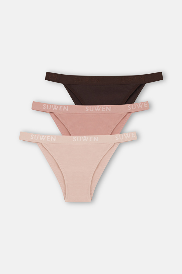 Ten / Kahverengi / Pembe 3'lü Pamuklu Lastikli Normal Bel Slip Külot - Suwen 3 Al 2 Öde