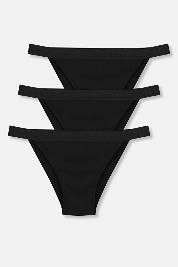 Siyah / Siyah / Siyah 3'lü Pamuklu Lastikli Normal Bel Slip Külot - Suwen 3 Al 2 Öde