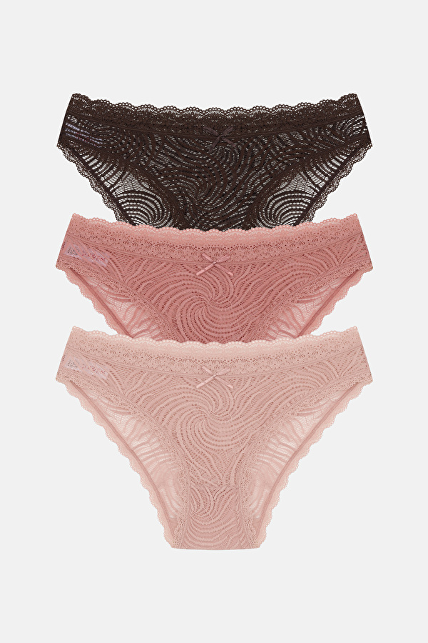 Ten / Kahverengi / Pembe 3'lü Dantelli Normal Bel Slip Külot - Suwen 3 Al 2 Öde