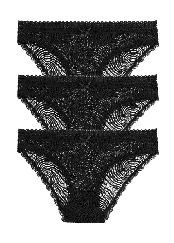 Siyah / Siyah / Siyah 3'lü Dantelli Normal Bel Slip Külot - Suwen 3 Al 2 Öde