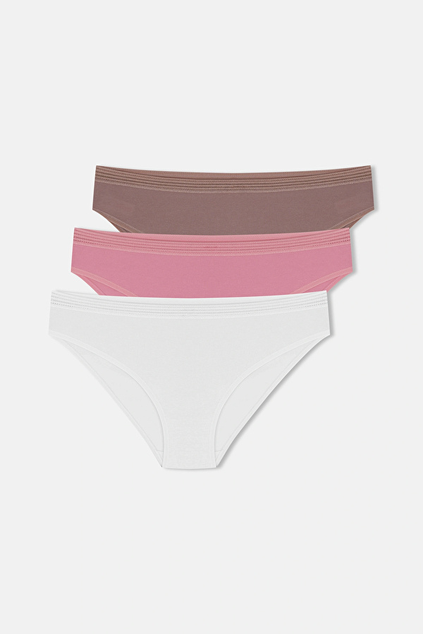 Ekru / Vizon / Pembe 3'lü Pamuklu Dantelli Slip Külot - Suwen 3 Al 2 Öde
