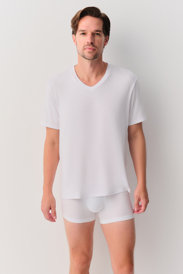 Beyaz Erkek Modal V Yaka T-Shirt - 3 Al 2 Öde