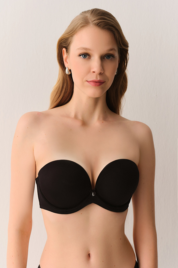 Siyah Super Push Up Straplez Destekli Balenli Sütyen - 3 Al 2 Öde