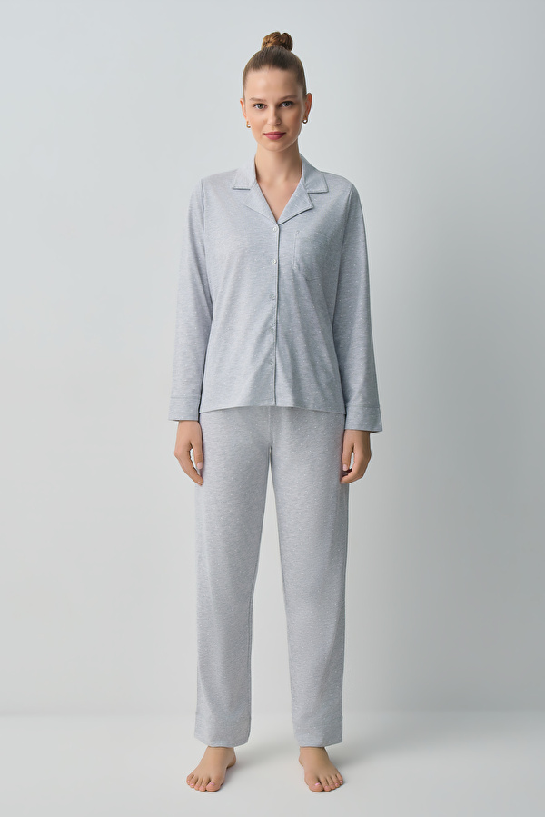Gri Melanj Dotty Gömlek Yaka Pamuklu Pijama Takımı