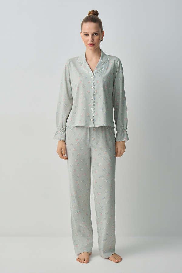Yeşil Desenli Julia Pamuklu Gömlek Yaka Pijama Takımı