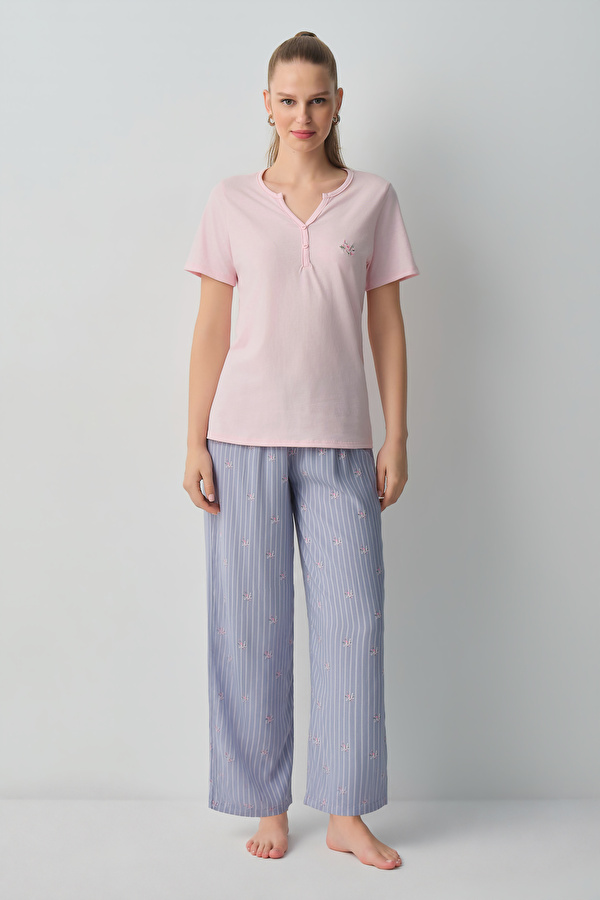 Mavi Çizgili Jade Pamuklu Pijama Takımı - 3 Al 2 Öde