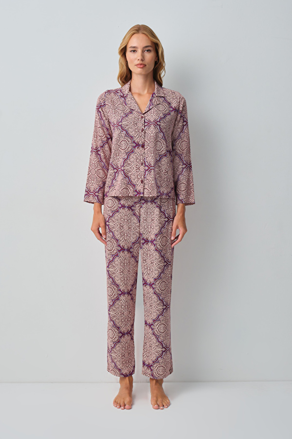 Bordo Desenli Harper Gömlek Yaka Pijama Takımı - 3 Al 2 Öde