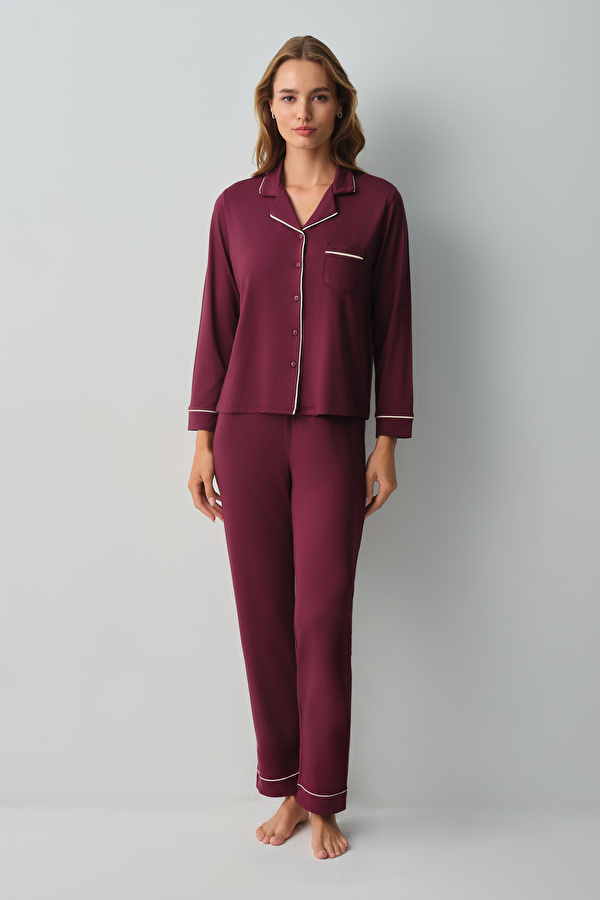 Bordo Misty Gömlek Yaka Pijama Takımı - 3 Al 2 Öde