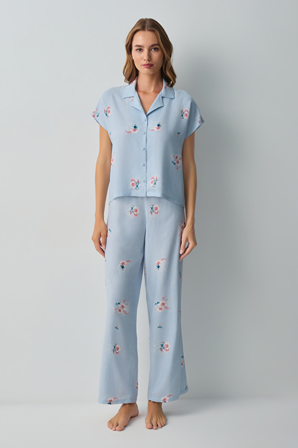 Mavili Bliss Gömlek Yaka Pijama Takımı