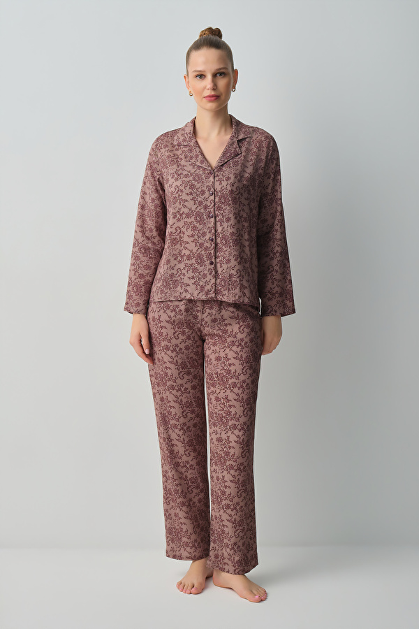 Bordo Desenli Lace Gömlek Yaka Pijama Takımı