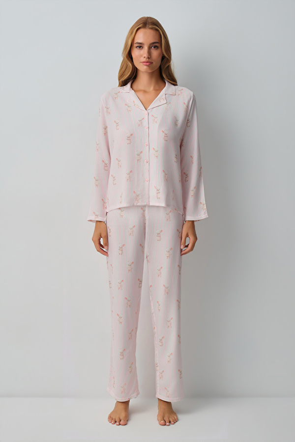 Pembe Çizgili Lulusu Gömlek Yaka Pijama Takımı - 3 Al 2 Öde
