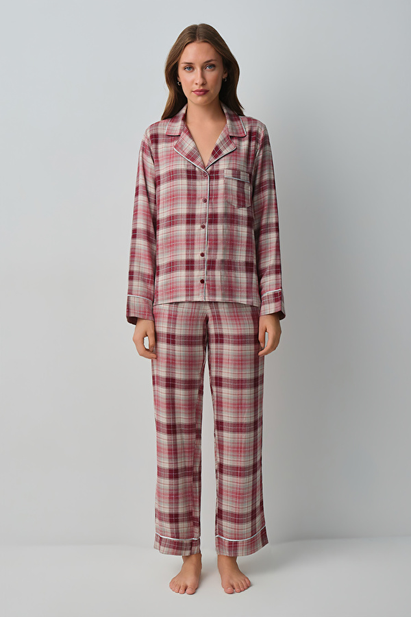 Pembe Ekoseli Siamore Gömlek Yaka Pijama Takımı - 3 Al 2 Öde