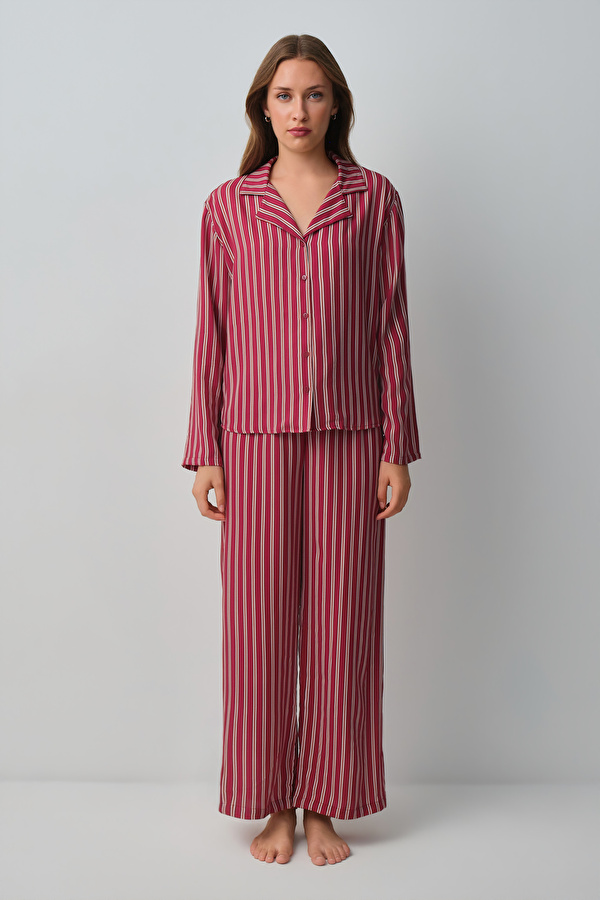 Bordo Çizgili Siamore Gömlek Yaka Pijama Takımı - 3 Al 2 Öde