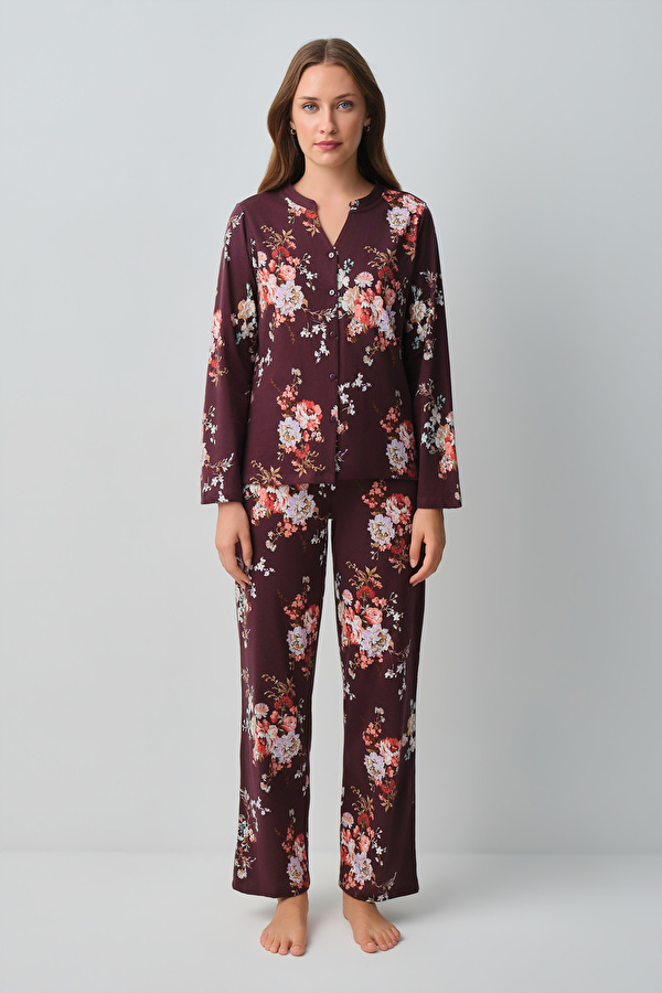 Bordo Desenli Mimoza Pamuklu Gömlek Yaka Pijama Takımı - 3 Al 2 Öde