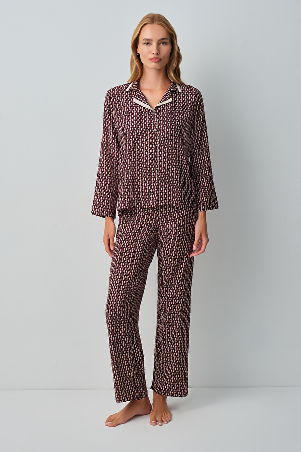 Bordo Desenli Arwen Gömlek Yaka Pijama Takımı
