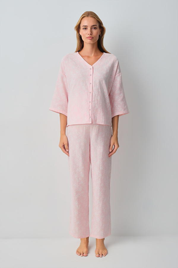 Pembe Cindy Pamuklu Hamile Lohusa Gömlek Yaka Pijama Takımı - 3 Al 2 Öde