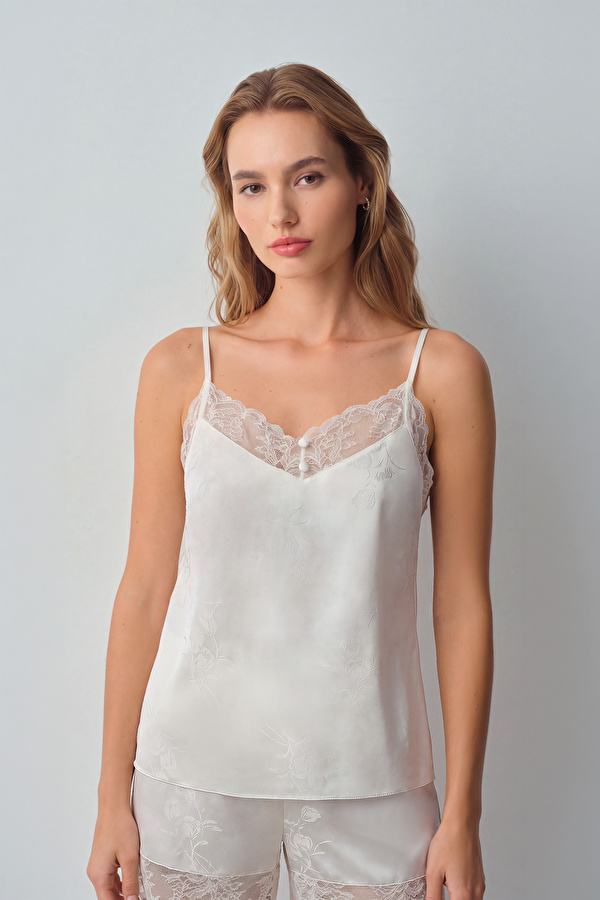 Ekru Bride Dantelli İnce Askılı Pijama Üstü - 3 Al 2 Öde
