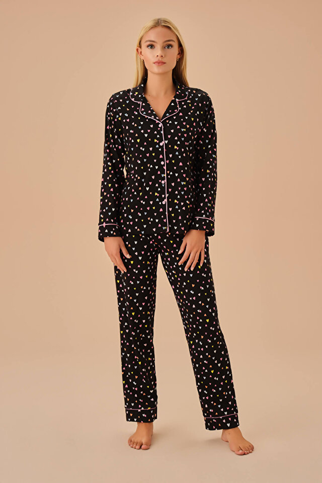 Black Print Heart Masculine Pyjamas Set | SUWEN
