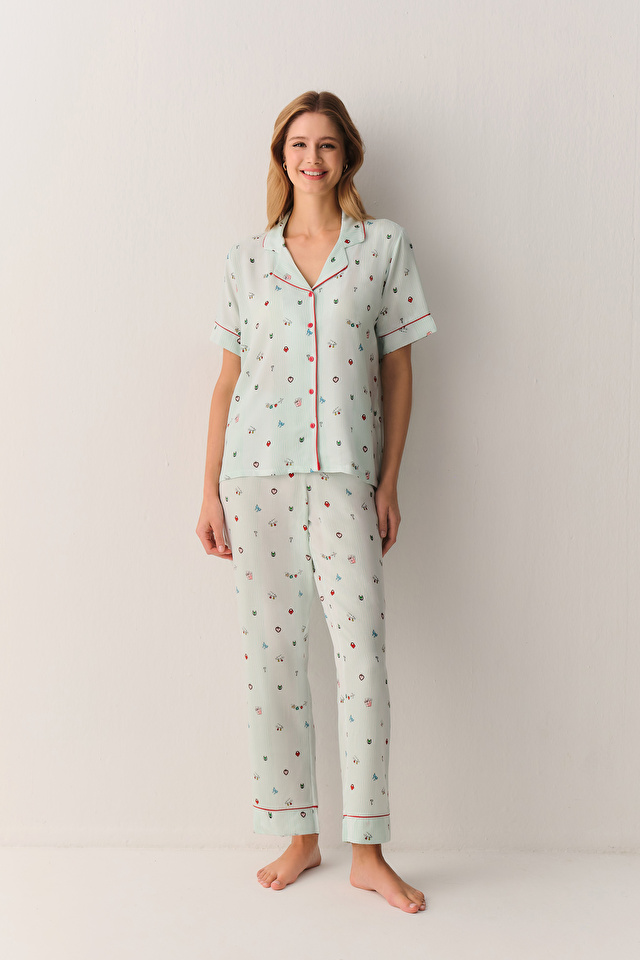 Mint Print Smile Shirt Collar Pyjamas Set | SUWEN