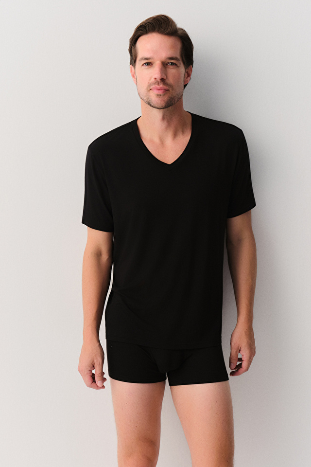 Siyah Erkek Modal V Yaka T-Shirt | SUWEN