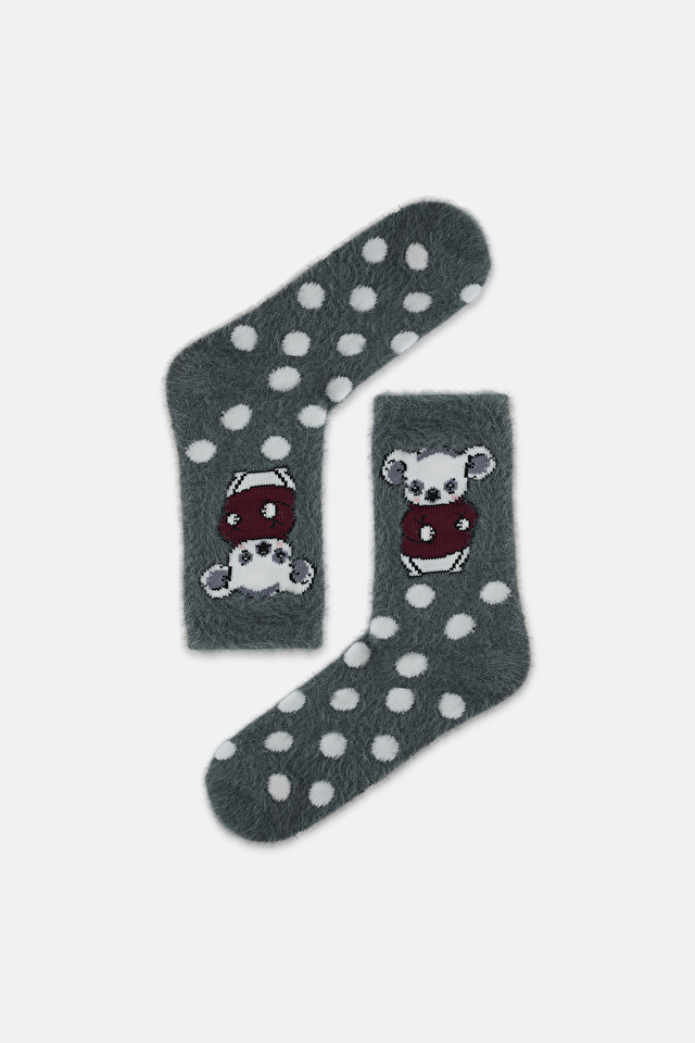 Gri Fluffy Bear Dots Soket Çorap