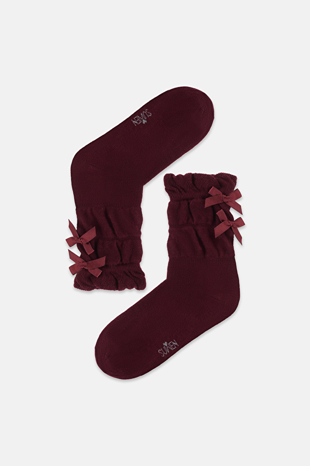 Bordo Çift Fiyonk Detaylı Soket Çorap